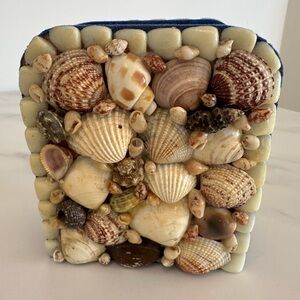 Vintage “Seashell Art” Napkin Holder w/ Blue Velvet Lining